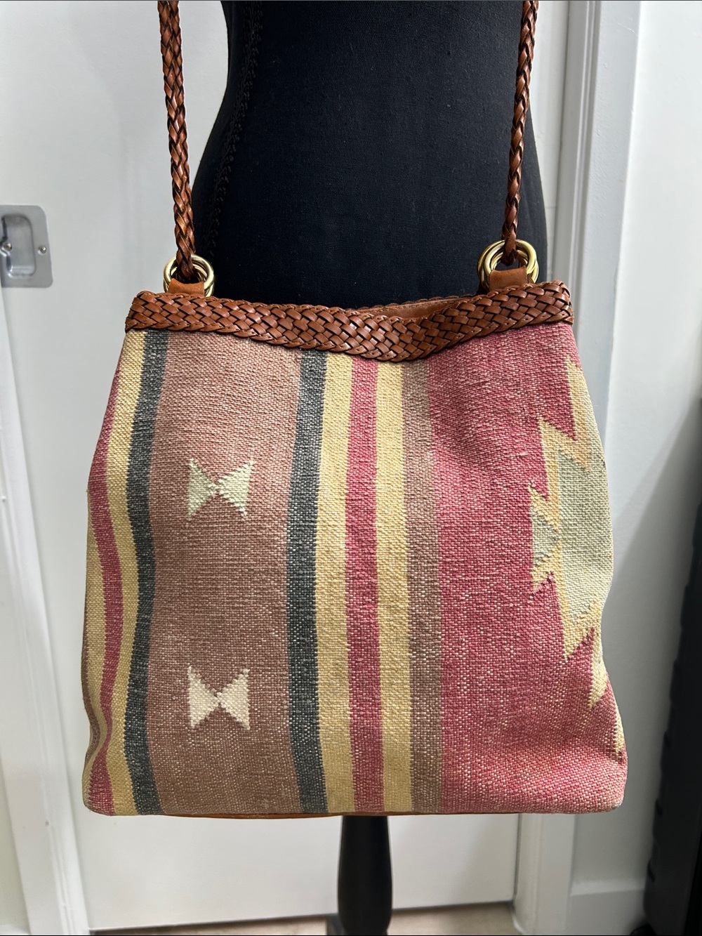 Vintage LJ Simon Boho Woven and Leather Southwest Shoulder Bag